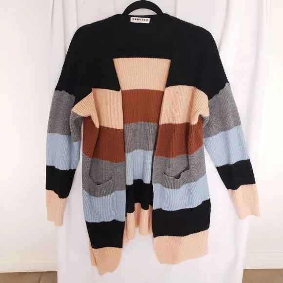 Ecowish Multicolor Colorblock Striped Long Knitted Cardigan Sweater Size L - Picture 1 of 14